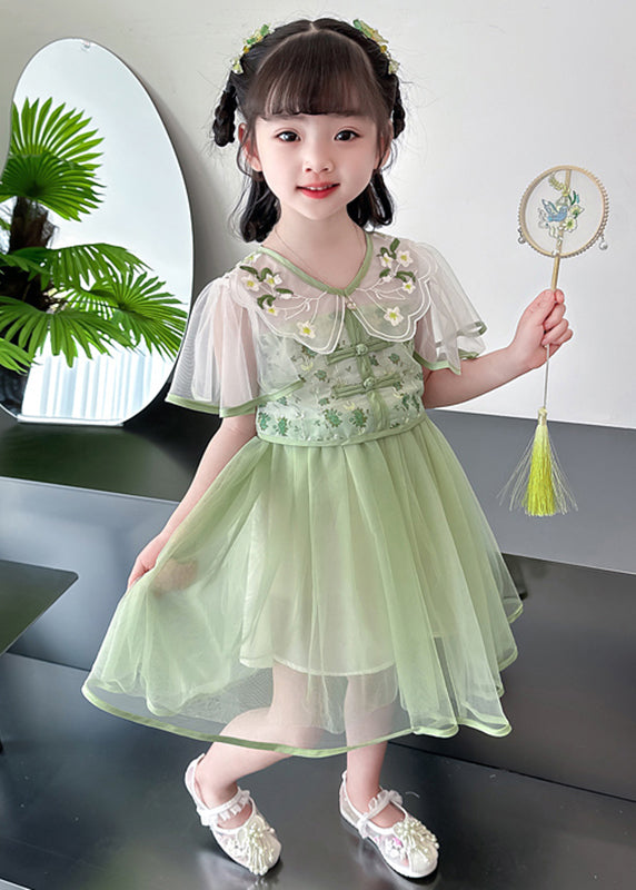 Green V Neck Embroideried Patchwork Tulle Long Dresses Summer Mn031