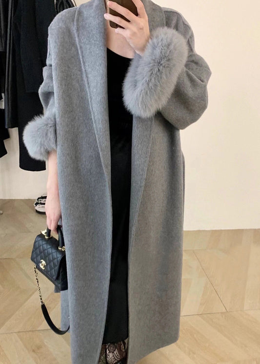 Grey Fox Fur Patchwork Woolen Duster Coat Winter Rs043