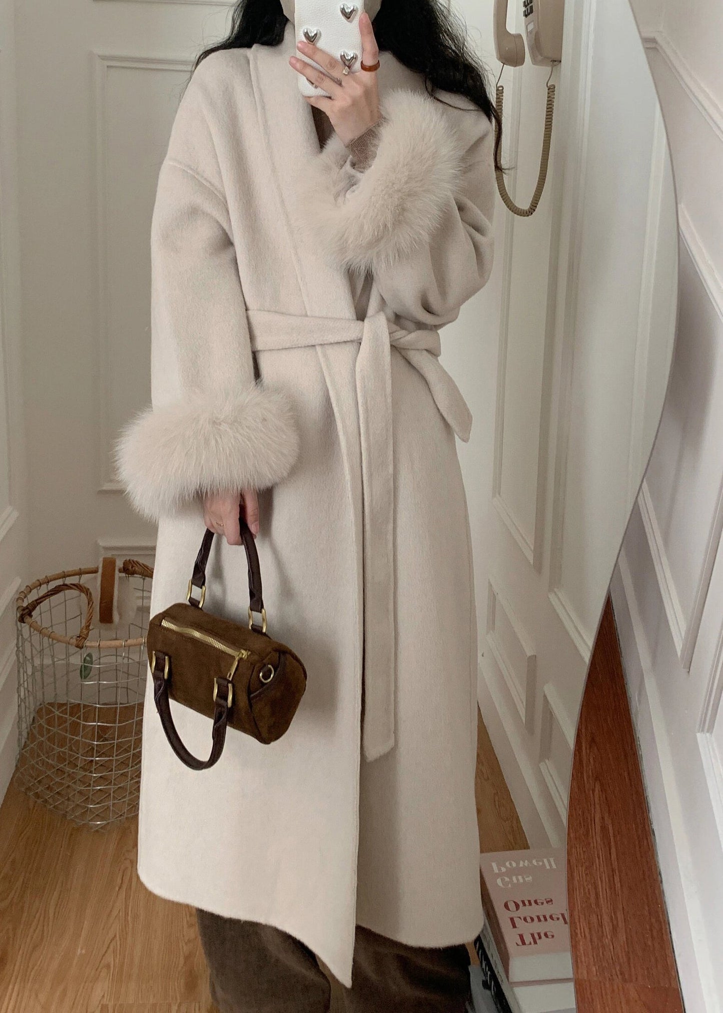 Grey Fox Fur Patchwork Woolen Duster Coat Winter Rs043