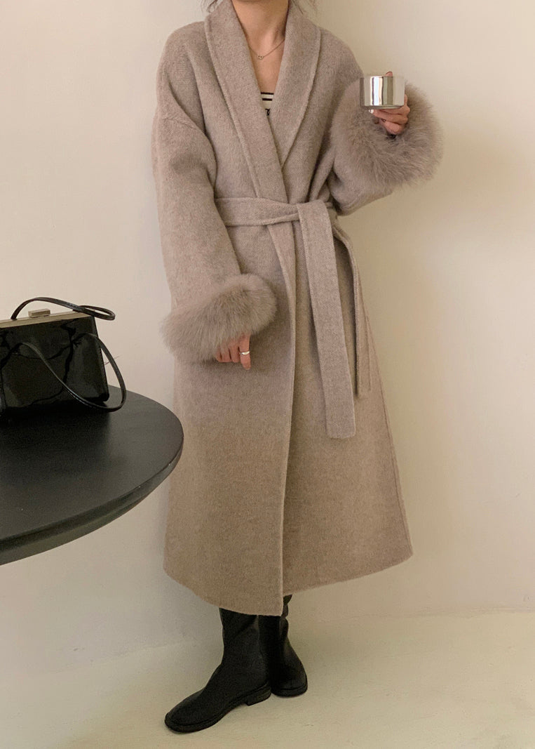 Grey Fox Fur Patchwork Woolen Duster Coat Winter Rs043