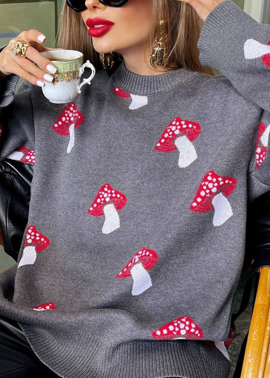 Grey O Neck Jacquard Thick Knit Sweater Fall Qy020