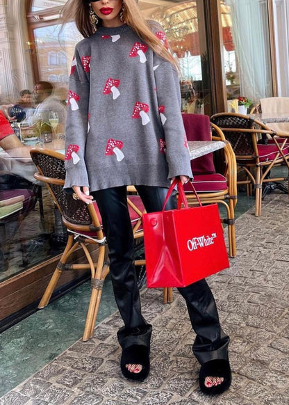 Grey O Neck Jacquard Thick Knit Sweater Fall Qy020