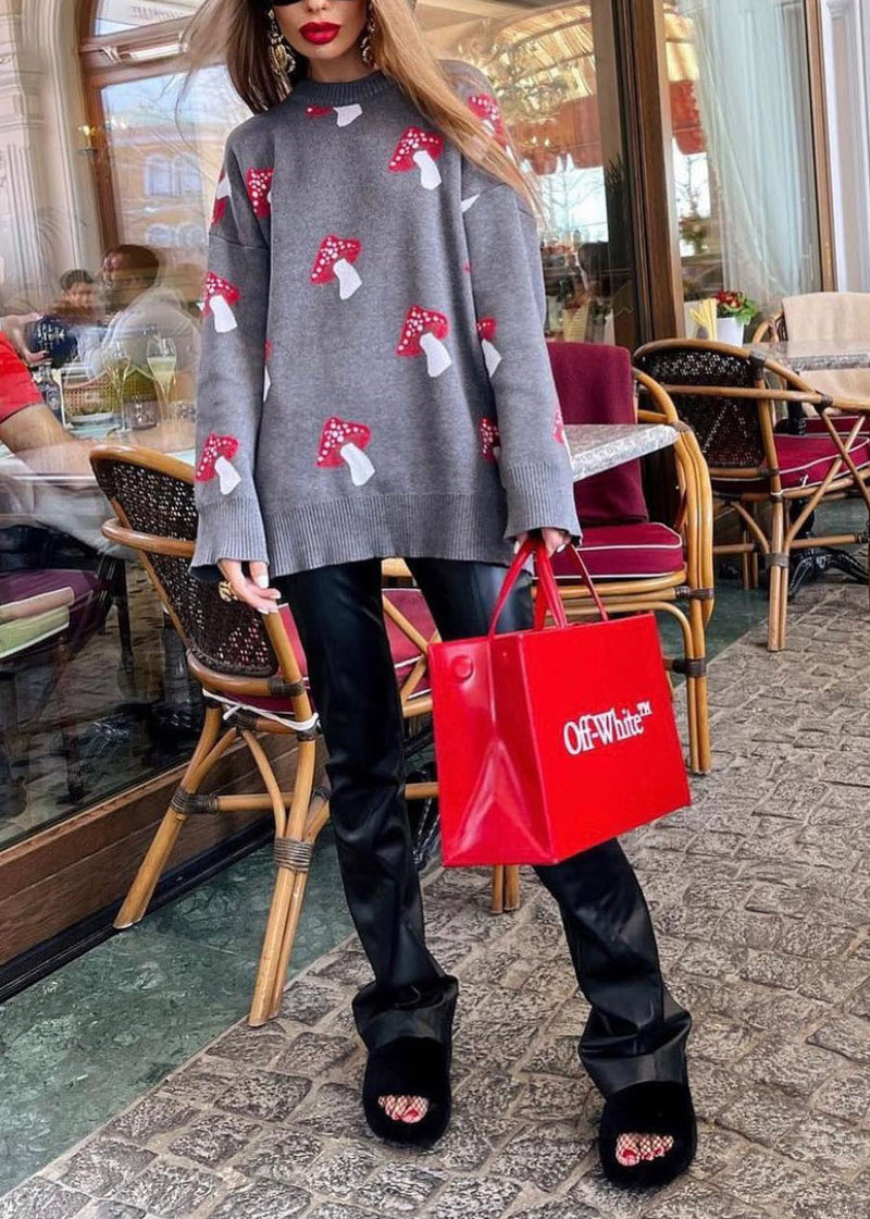 Grey O Neck Jacquard Thick Knit Sweater Fall Qy020
