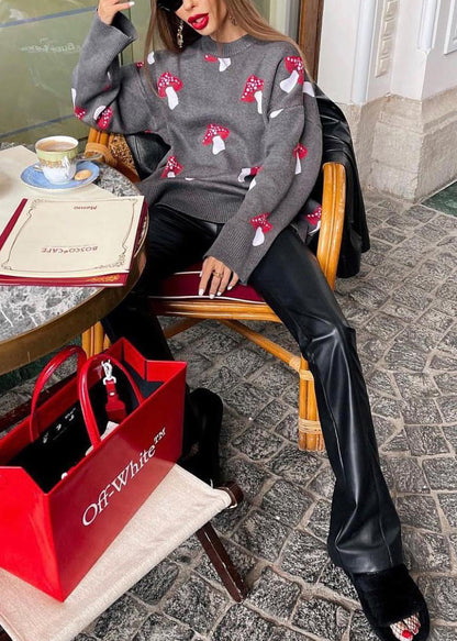 Grey O Neck Jacquard Thick Knit Sweater Fall Qy020