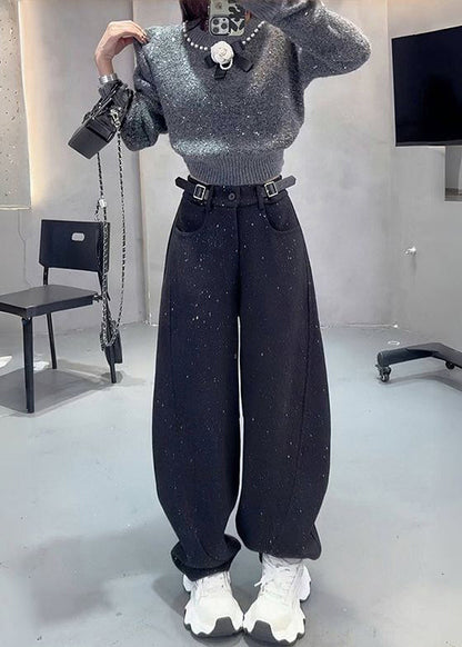 Grey Sequins Warm Fleece Woolen Pants Spring Yo19
