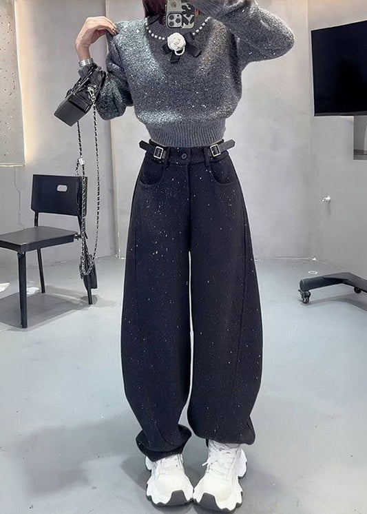 Grey Sequins Warm Fleece Woolen Pants Spring Yo19