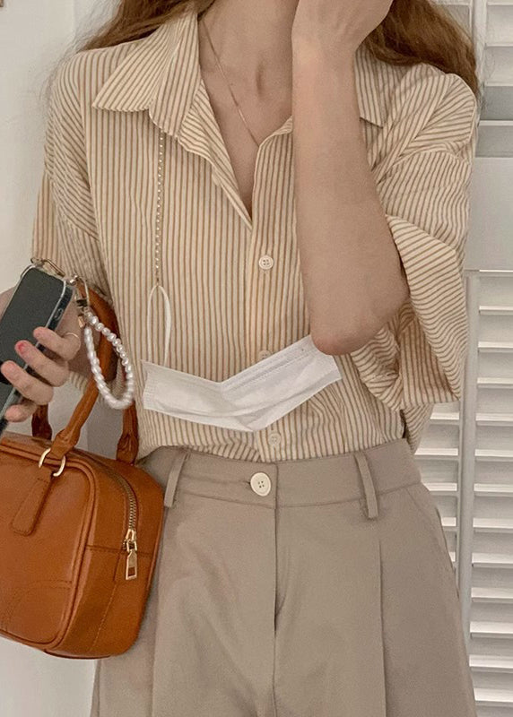 Grey Striped Peter Pan Collar Button Cotton Blouses Summer Tu006