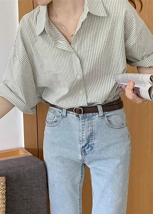 Grey Striped Peter Pan Collar Button Cotton Blouses Summer Tu006