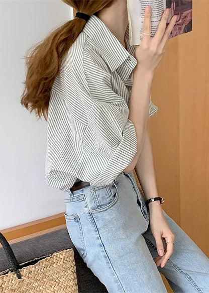Grey Striped Peter Pan Collar Button Cotton Blouses Summer Tu006