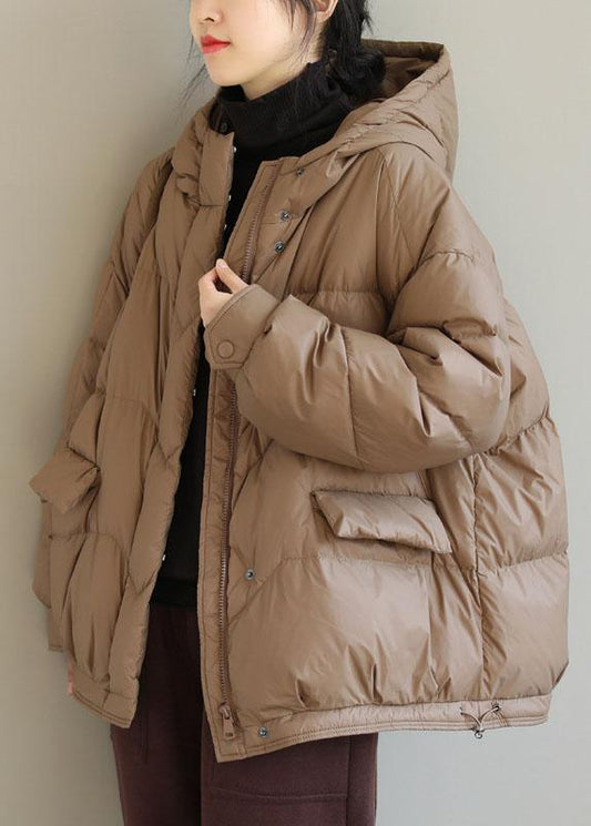 Khaki Hooded Zippered Pockets Winter Down Coat Long Sleeve Qs036
