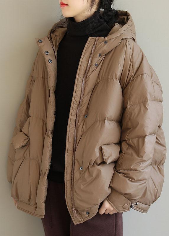 Khaki Hooded Zippered Pockets Winter Down Coat Long Sleeve Qs036