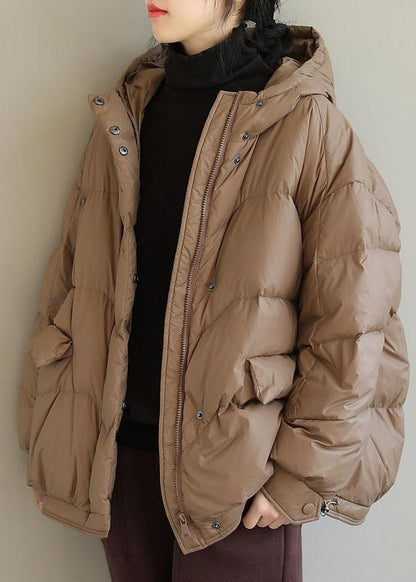 Khaki Hooded Zippered Pockets Winter Down Coat Long Sleeve Qs036