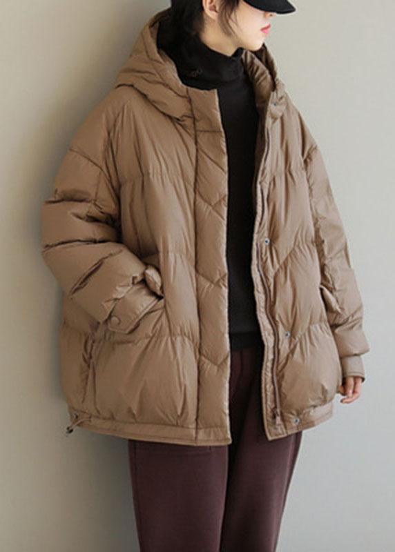 Khaki Hooded Zippered Pockets Winter Down Coat Long Sleeve Qs036