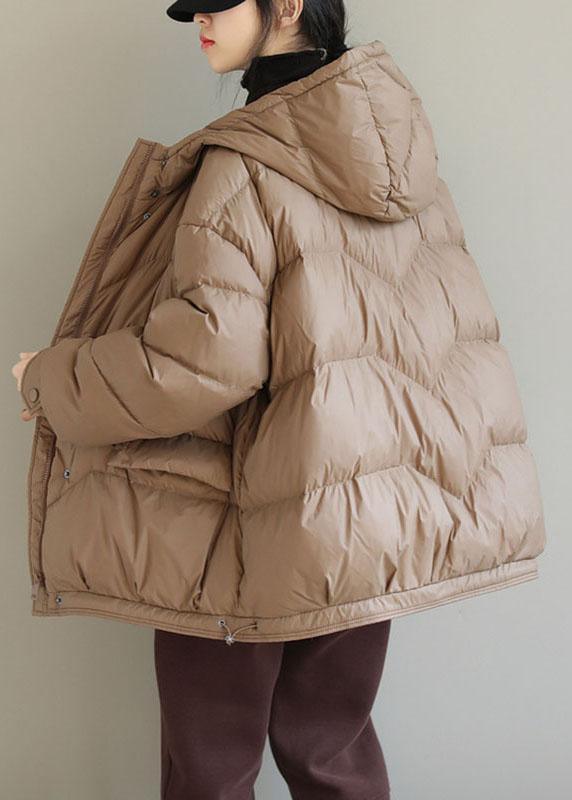 Khaki Hooded Zippered Pockets Winter Down Coat Long Sleeve Qs036