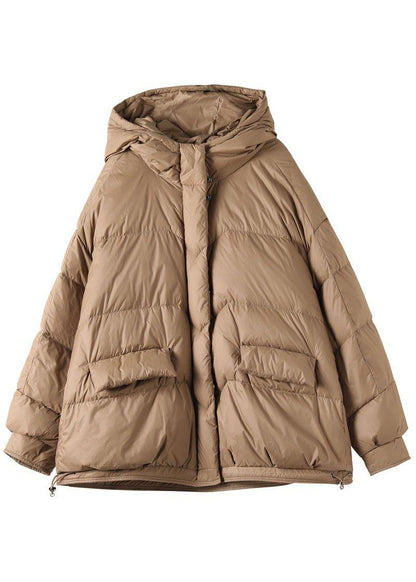 Khaki Hooded Zippered Pockets Winter Down Coat Long Sleeve Qs036