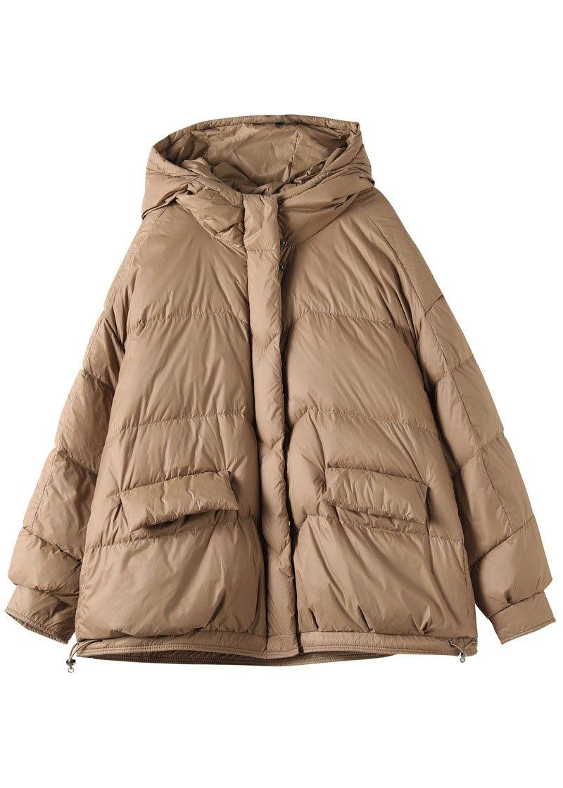Khaki Hooded Zippered Pockets Winter Down Coat Long Sleeve Qs036