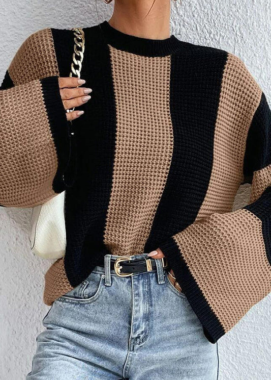Khaki O Neck Striped Knit Sweaters Fall Qy007