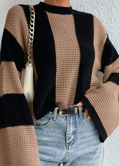 Khaki O Neck Striped Knit Sweaters Fall Qy007