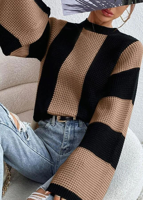 Khaki O Neck Striped Knit Sweaters Fall Qy007