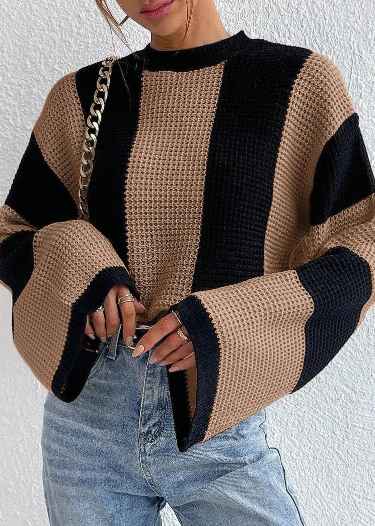 Khaki O Neck Striped Knit Sweaters Fall Qy007