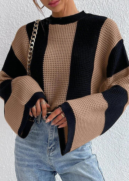 Khaki O Neck Striped Knit Sweaters Fall Qy007