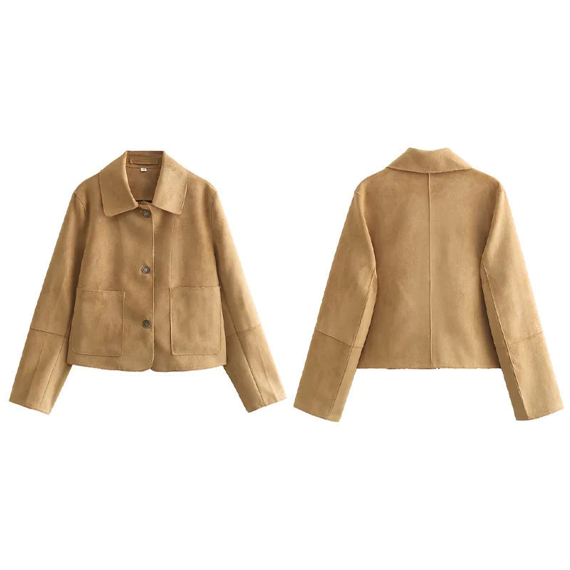 Leather Lapel Single Spring Autumn Long Pockets Short Coat