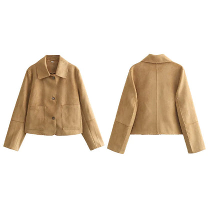 Leather Lapel Single Spring Autumn Long Pockets Short Coat