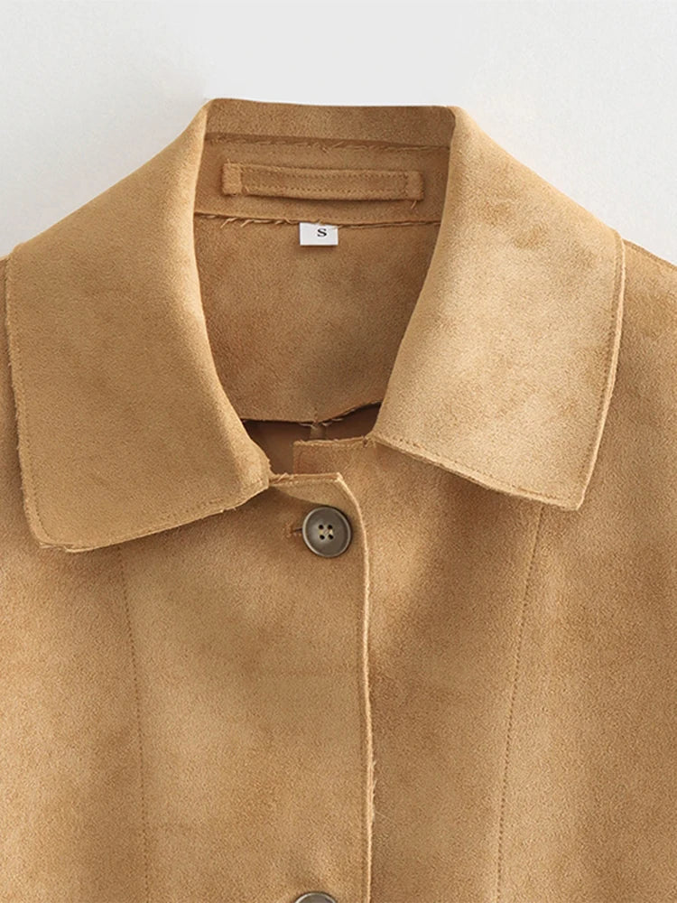 Leather Lapel Single Spring Autumn Long Pockets Short Coat