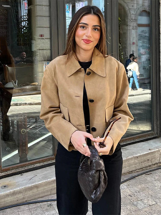 Leather Lapel Single Spring Autumn Long Pockets Short Coat