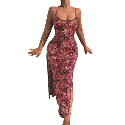 Leopard Print Slim Long Dresses Low Cut Backless Package Hip Bodycon Slit Dress Female Summer New