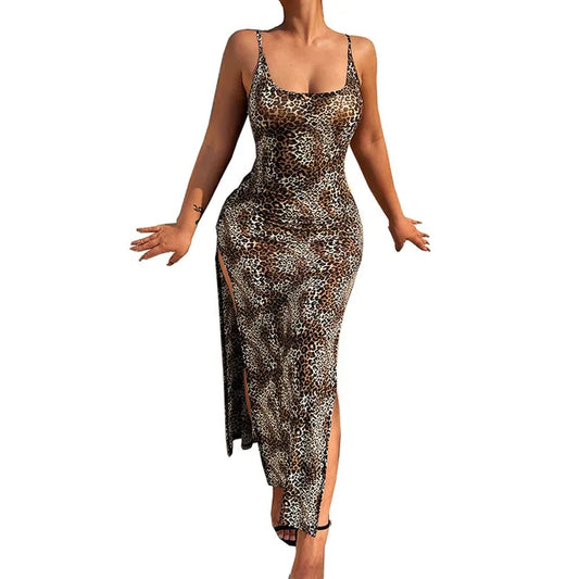 Leopard Print Slim Long Dresses Low Cut Backless Package Hip Bodycon Slit Dress Female Summer New