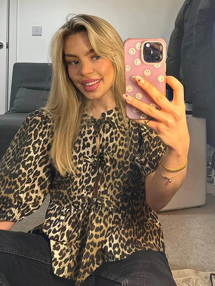 Leopard Shirts for Spring Loose Puff Sleeve Blouse Female Lace Up Cropped Top Ruffled