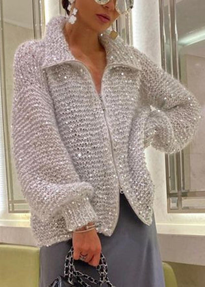 Light Camel Zip Up Sequins Knit Cardigan Spring Yy019