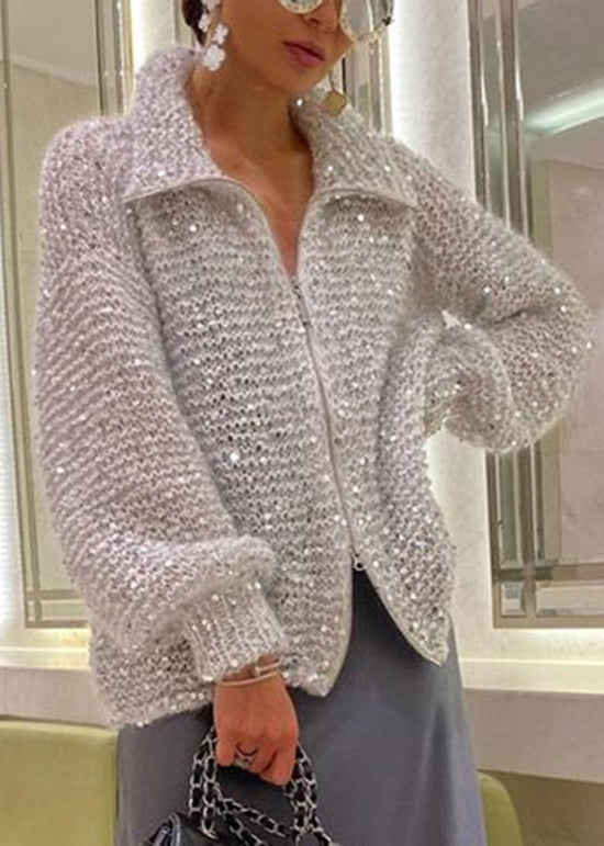 Light Camel Zip Up Sequins Knit Cardigan Spring Yy019