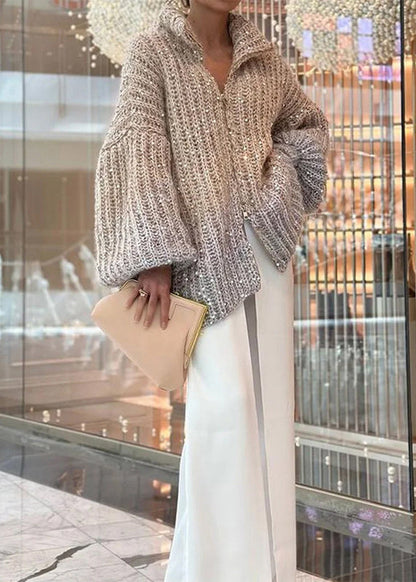 Light Camel Zip Up Sequins Knit Cardigan Spring Yy019