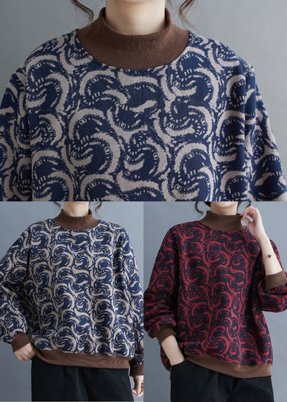 Navy Print Patchwork Warm Fleece Sweatshirt Top Spring Tm011