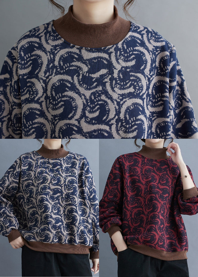Navy Print Patchwork Warm Fleece Sweatshirt Top Spring Tm011