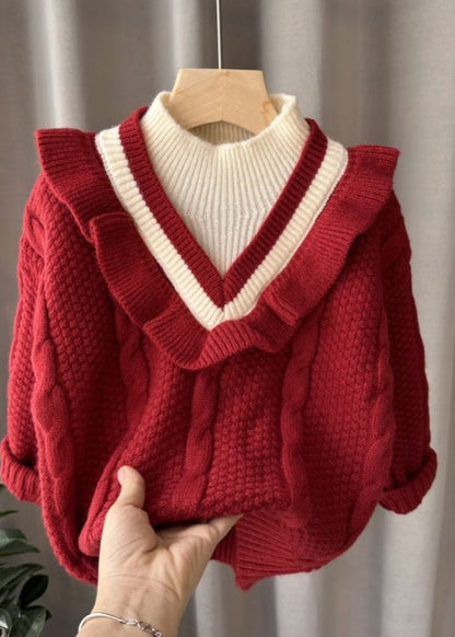 Mulberry Turtleneck Patchwork Fake Two Pieces Cotton Knit Kids Sweater Winter Wl043