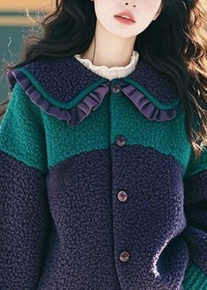 Navy Peter Pan Collar Ruffled Button Faux Fur Coat Spring Tn044