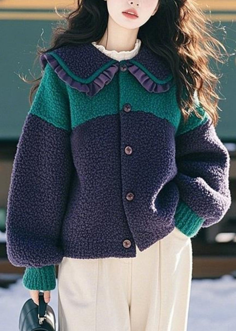 Navy Peter Pan Collar Ruffled Button Faux Fur Coat Spring Tn044