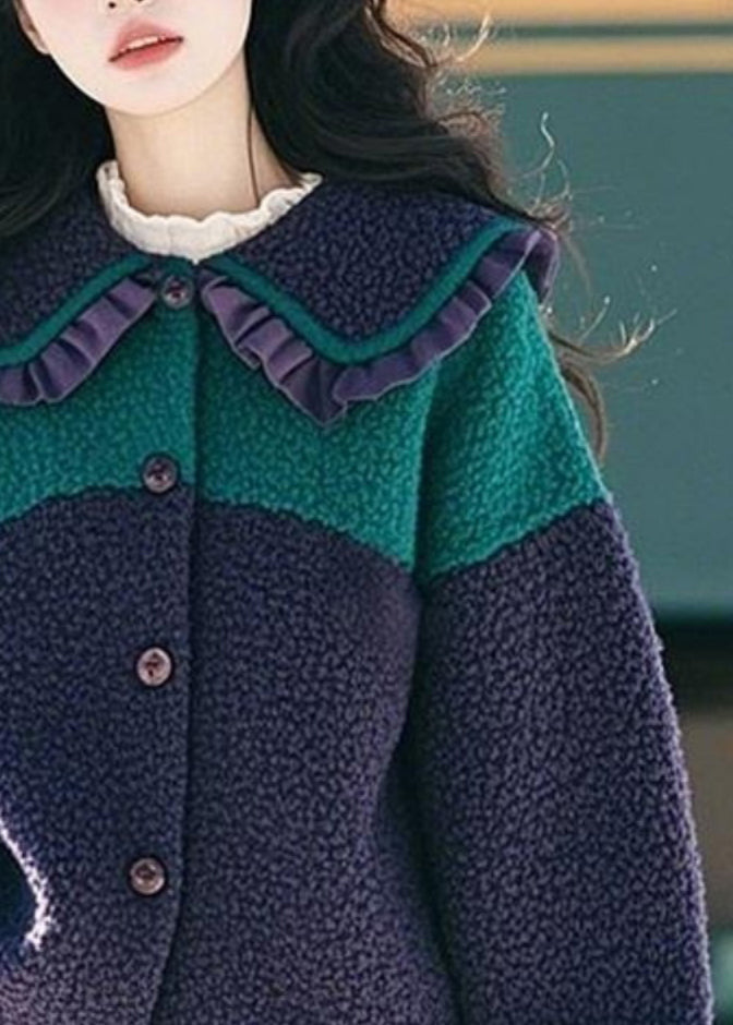 Navy Peter Pan Collar Ruffled Button Faux Fur Coat Spring Tn044