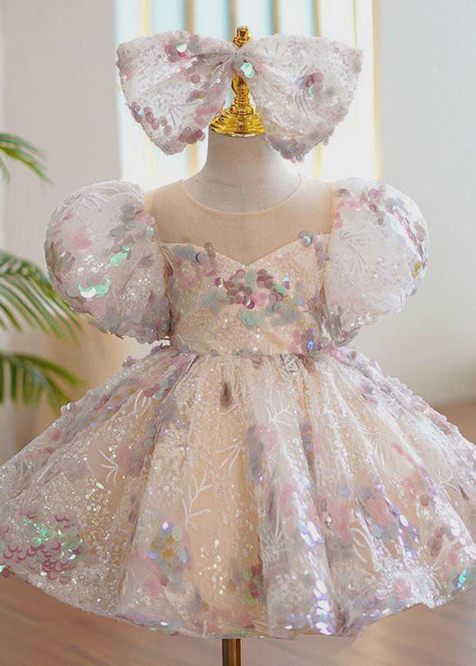 O-neck Sequins Patchwork Tulle Kids Maxi Dress Summer Ys018