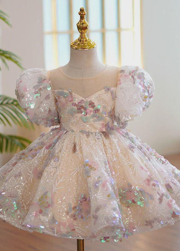 O-neck Sequins Patchwork Tulle Kids Maxi Dress Summer Ys018