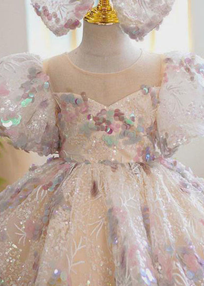 O-neck Sequins Patchwork Tulle Kids Maxi Dress Summer Ys018