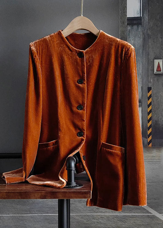 Orange O-neck Button Patchwork Silk Velour Coats Spring Ly0983