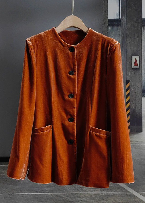 Orange O-neck Button Patchwork Silk Velour Coats Spring Ly0983