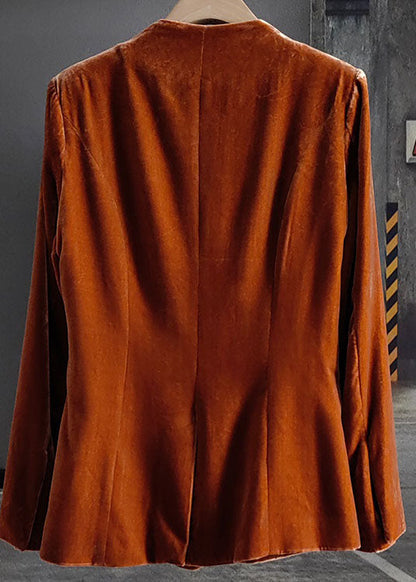 Orange O-neck Button Patchwork Silk Velour Coats Spring Ly0983