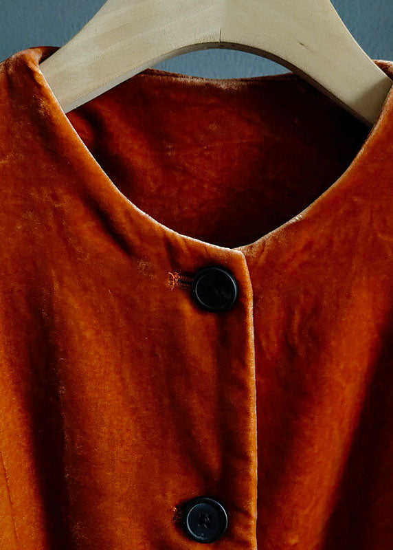 Orange O-neck Button Patchwork Silk Velour Coats Spring Ly0983