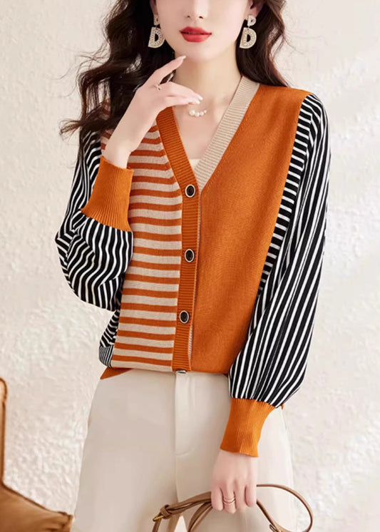 Orange V Neck Striped Button Woolen Sweater Spring Tf045