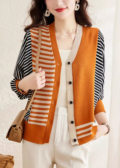 Orange V Neck Striped Button Woolen Sweater Spring Tf045